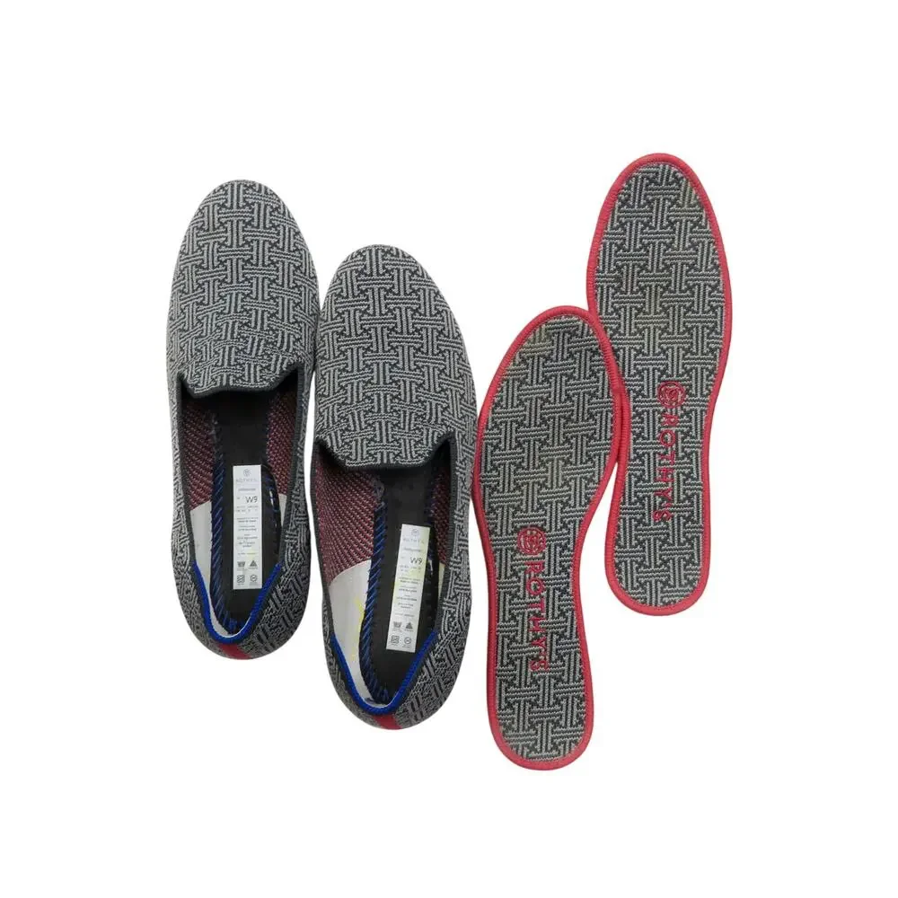 Rothys Gray and White Charcoal Grid Pattern Knit Rounded Toe Flats Shoe Size 9